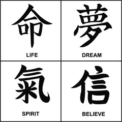 Japanese kanji calligraphy words are translated as life, dream, spirit, believe. Traditional Asian design drawn with a dry brush