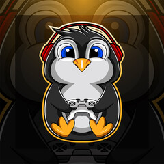 Penguin gamer esport mascot logo design with headphones