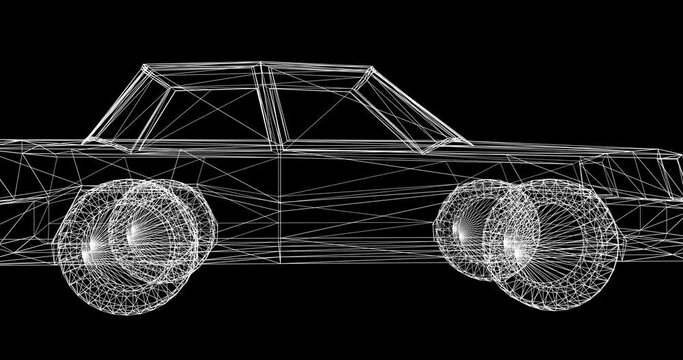 animation of white 3d car  model of lines moves on a dark background
