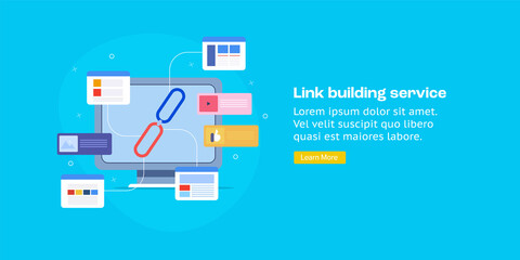 Link building strategy for seo success, link connecting multiple websites, improving search engine ranking, web visibility concept. Web banner template with blue background and text. - obrazy, fototapety, plakaty