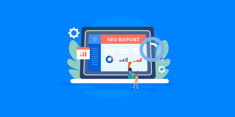 Business woman entrepreneur understands seo report, business analytics, digital marketing and online sales audit, woman working laptop, information technology concept. Web banner template background. 