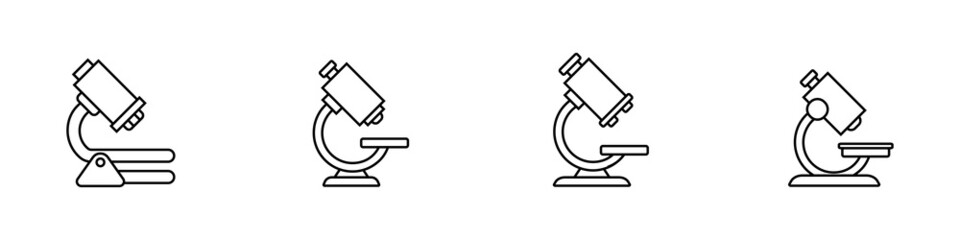 Conjunto de icono de microscopio de laboratorio. Concepto de ciencia, investigación. Ilustración vectorial, estilo línea negro - obrazy, fototapety, plakaty