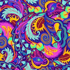 Fototapete Farbenfroh Buntes, nahtloses Muster mit verrückten psychedelischen organischen abstrakten Elementen, Druck mit Pflanzen- und Pilzmotiven und leuchtenden Neonfarben