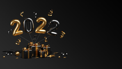 Happy new year 2022 with black gift boxes balloons and confetti 3d render illustrations