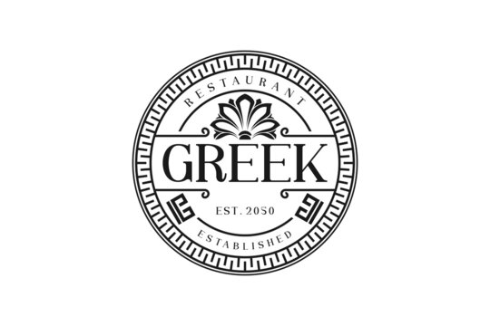 Ancient Greek Coin ornament with Flower, border pattern vintage label badge emblem logo design vector restaurant classic