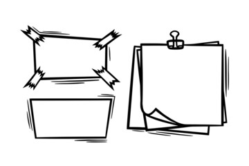 Doodle paper sheets with clip and sticky tape elements. Empty paper pages as border or frame. Doodle vector illustration isolated in white background