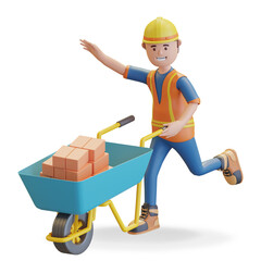 construction worker wearing safety helmet and vest pushing wheelbarrow full of brick 3D render illustration
