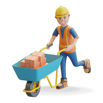 construction worker wearing safety helmet and vest pushing wheelbarrow full of brick 3D render illustration
