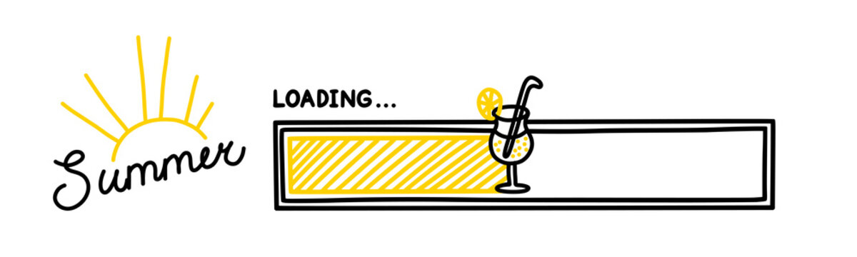 Summer progress loading bar. Infographics design element with yellow status of completion. Hand drawn vector illustration isolated in white background