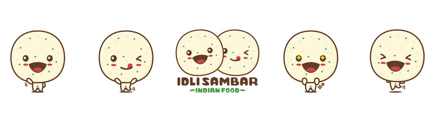 cute idli sambar cartoon mascot. indian food vector illustration, with different facial expressions and poses