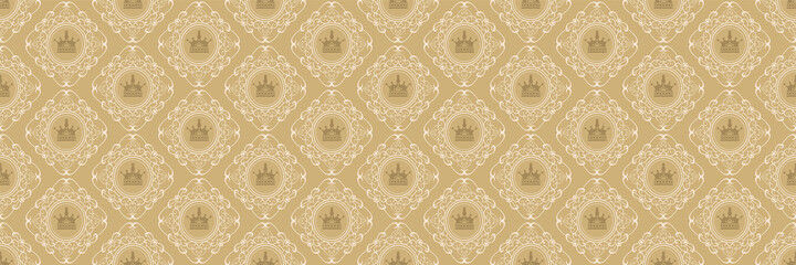 Background pattern in royal style with crowns and floral ornaments for your design. Seamless background for wallpaper, textures. Vector illustration.