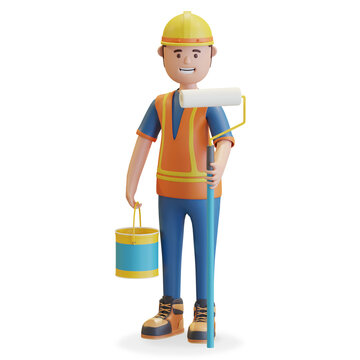 construction worker wearing safety helmet and vest holding paint roller and paint bucket 3D render illustration