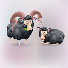 Cute and Funny Two Black Sheep Characters. Cartoon Illustration of Pair Sheep. Perfect Template for Children Event Designs, Birthday Cards