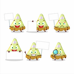 Slice of key lime pie cartoon character bring information board