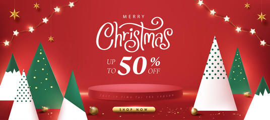 Merry Christmas sale promotion poster banner with product display cylindrical shape and christmas tree paper cut style