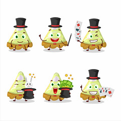 Naklejka premium A slice of key lime pie Magician cartoon character perform on a stage