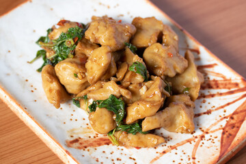 Stir-fried fish balls with basil, handmade in traditional Thai style