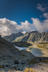 Scenic view of mountain lake Zabie pleso located near Rysy peak in High Tatras mountains, Slovakia