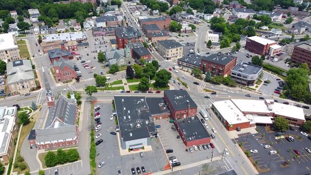 Leominster historic city center aerial view including town common, Main Street and West Street in city of Leominster, Massachusetts MA, USA. 