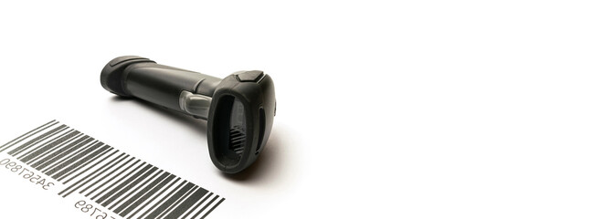Barcode scanning. Reader laser scanner for warehouse. Retail label barcode scan isolated on white background. Warehouse inventory management.