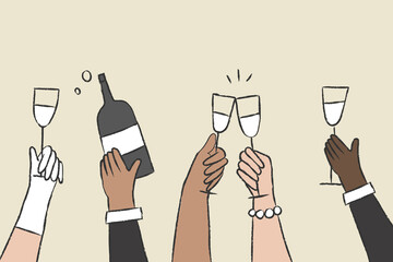 Party doodle vector hands holding drinks - obrazy, fototapety, plakaty
