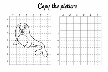 Copy the picture. Draw by grid. Coloring book pages for kids. Handwriting practice, drawing skills training. Education developing printable worksheet. Activity page. Cute cartoon vector illustration.