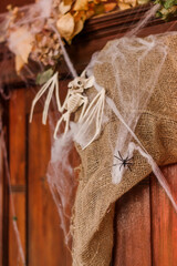 A bat skeleton,spider and a spider web on an old wooden cabinet.Festive holiday decorations.Halloween concept.Copy space for text,selective focus.