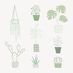 Simple green houseplant doodle vector set