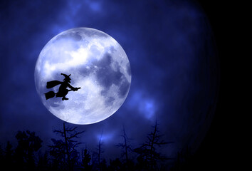 Fototapeta na wymiar Silhouette of witch woman on the background of the blue moon. Halloween concept. Selective focus