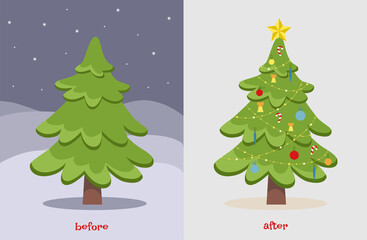 Christmas tree before and after decoration. Fir in forest and in room with gifts and lights. Flat cartoon style vector illustration.
