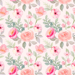 Seamless pattern of pink peach rose flower with watercolor