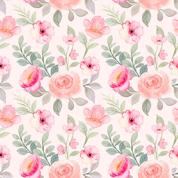 Seamless pattern of pink peach rose flower with watercolor