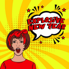 Explosive new year comic text pop art . Stylish colorful retro comic speech bubble. Expression text Explosive new year. Perfect for sales discount banner, poster. Vector Christmas illustration