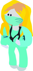 female doctor in a suit and mask with a stethoscope, vector drawing, isolate on a white background