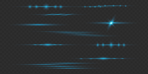 White horizontal lens flares pack. Laser beams, horizontal light rays. Beautiful light flares.