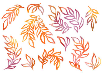 Fototapeta na wymiar Watercolor artistic multicolor Set of floral elements in the style of line art wedding theme on a white background. Doodle and scribble. Watercolour gradient orange and brown leafs for postcard and