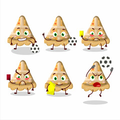 Slice of peach pie cartoon character working as a Football referee