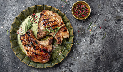Grilled pork steaks with tomatoes and rosemary on metal tray. Long banner format. top view