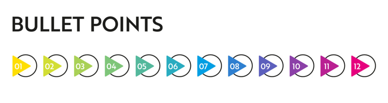 Bullet Points Numbers. Colorful List Markers From 1 To 12. Vector Design Elements Set For Modern Infographic.