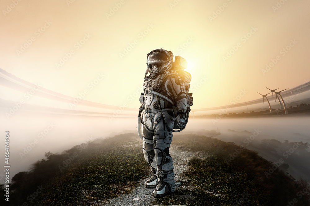 Wall mural astronaut walking on an unexplored planet