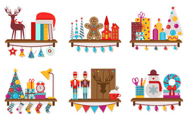 Christmas Shelves with Decoration Toys and Gifts © krugli