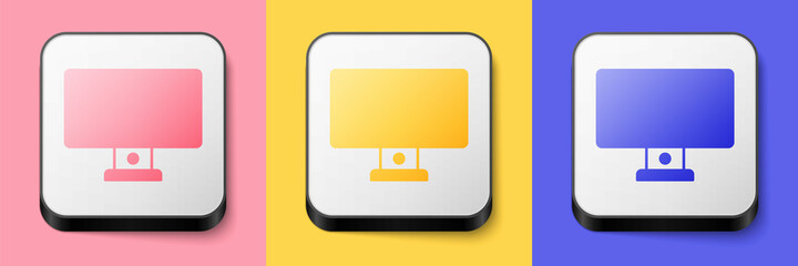 Isometric Computer monitor icon isolated on pink, yellow and blue background. PC component sign. Square button. Vector