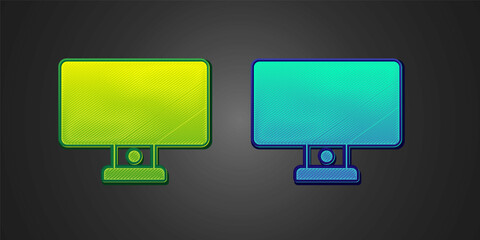 Green and blue Computer monitor icon isolated on black background. PC component sign. Vector