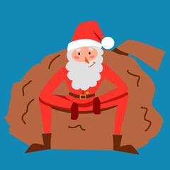 skinny Santa Claus is sitting on a bag of gifts with his legs wide apart. Vector Cartoon Character