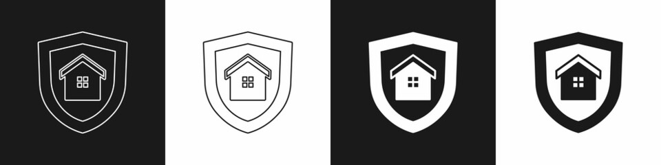 Set House with shield icon isolated on black and white background. Insurance concept. Security, safety, protection, protect concept. Vector