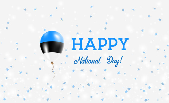 Estonia National Day patriotic poster. Flying Rubber Balloon in Colors of the Estonian Flag. Estonia National Day background with Balloon, Confetti, Stars, Bokeh and Sparkles. - Powered by Adobe