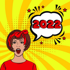 2022 comic speech bubble New Year. Holiday illustration. Retro comic speech bubble with colorful halftone shadow. Number 2022 text for New Year. Vector illustration, vintage design, pop art style.