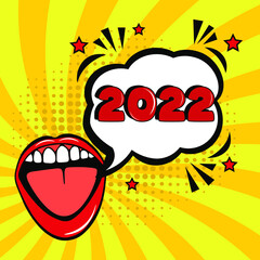 2022 comic speech bubble New Year. Holiday illustration. Retro comic speech bubble with colorful halftone shadow. Number 2022 text for New Year. Vector illustration, vintage design, pop art style.