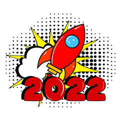 2022 comic speech bubble New Year. Holiday illustration. Retro comic speech bubble with colorful halftone shadow. Number 2022 text for New Year. Vector illustration, vintage design, pop art style.