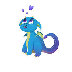 Cute little dragon with loving eyes. A fantasy vector cartoon character isolated on a white background.
